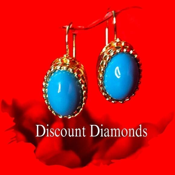 Oval Blue Turquoise Dangle Earrings 14K  Gold on 925 Sterling Silver Women's - Picture 7 of 8